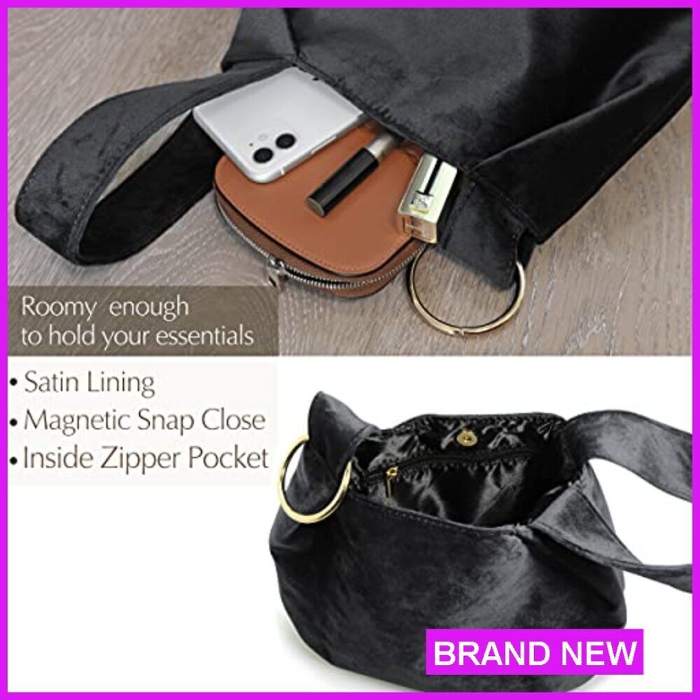 Velvet Top Handle Clutch Wristlet Slouchy Bucket Bag Elegant Evening Purse - Picture 6 of 7